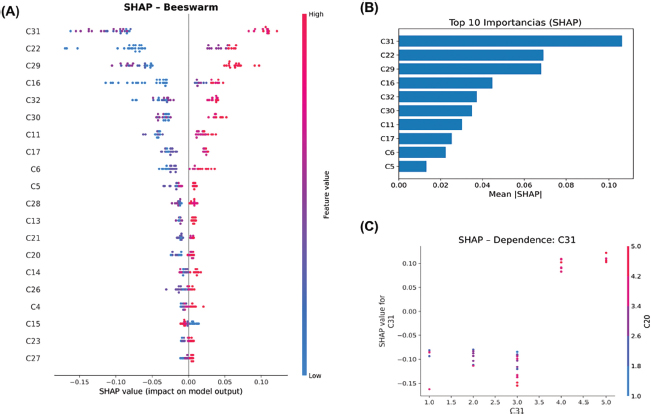 Figura 6. Interpretabilidad del modelo predictivo (SHAP). Gráfico Beeswarm de valores SHAP para el modelo supervisado. La seguridad hospitalaria y la disponibilidad de insumos aparecen como los predictores más influyentes en la satisfacción general