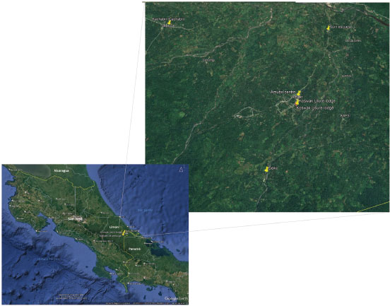 Imagen 1 Imagen satelital de Google Earth con doble escala: (1) vista local que muestra la localización de los puntos consignados en el expediente de AyA y puntos visitados en los talleres y recolección de muestras dentro del territorio indígena Talamanca Bribri en la provincia de Limón (2) vista de ubicación a escala nacional que sitúa el área de estudio dentro de Costa Rica