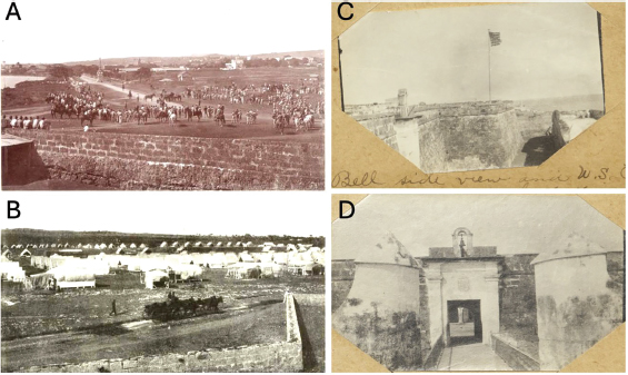 Figura 1 A) Vista general de la glorieta central del Paseo Martí (Santa Cristina) circa ~ 1910, en el barrio de Versalles (Matanzas) visto desde el flanco oeste del castillo de San Severino. Al fondo se ve el obelisco dedicado a los Fusilados en la Guerra de Independencia. B) Toma del flanco noreste (¿?) desde la cortina del castillo de San Severino circa 1899. En esta fotografía se aprecia el acampamento de tropas norteamericanas en los terrenos traseros a la antigua fortificación española. C) Vista de la entrada de mar, frontispicio y foso, hacia el sur del castillo de San Severino. Nótese la bandera estadounidense en el baluarte. D) Vista de la entrada de mar y frontispicio del castillo. A) modificada de Pérez et al (2017) y B) de Webber, (1908). Fotografías C-D son dos vistas históricas tomadas por el Octavo Regimiento de Infantería de Massachusetts durante su estancia en Matanzas, procedentes del álbum Photograph Album of the 8th Massachusetts Infantry in Cuba, Georgia, and Kentucky. William & Mary Special Collections Research Center, ID SC 01339, Small Collections Box 97, Folder 1
