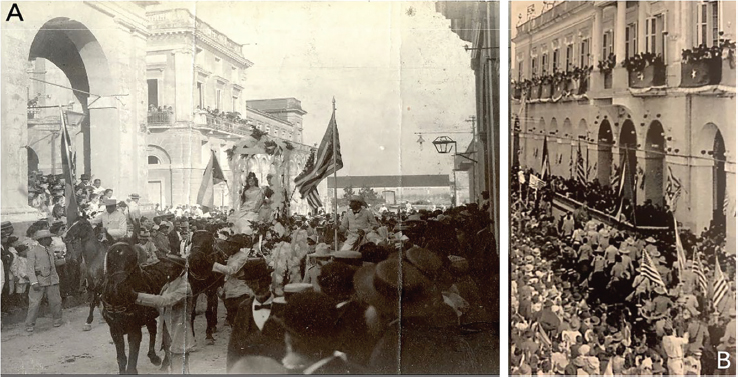 Figura 2 Fotografías históricas del recibimiento al generalísimo Máximo Gómez y desfile en Matanzas, el 22 de febrero de 1899. A) Carroza y comitiva avanzando por la actual calle Medio, entre banderas cubanas y estadounidenses. B) Desfile frente al Palacio de Gobierno y la Plaza de Armas (actual Parque de la Libertad, calle Ayuntamiento); fotografía de Miles. Esta toma fue utilizada posteriormente como modelo para la tarja conmemorativa instalada en Gloucester (Fig. 7)