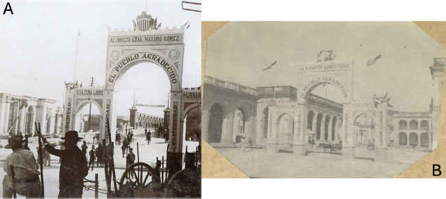 Figura 3 A-B) Arcos de triunfo efímeros levantados en Matanzas para recibir al generalísimo Máximo Gómez y al Ejército Libertador, el 22 de febrero de 1899. A) Vista hacia el sur, donde se aprecia el actual cuartel de bomberos y el puente de Tirry (adaptada de Pérez Orozco et al., 2017). B) Vista general del arco mirando hacia el norte, donde se aprecia el edificio de la antigua Aduana (actual sede de la oficina del Conservador), Palacio de Junco (al fondo), y parte del Teatro Sauto (visto al extremo derecho). Fotografía del álbum Photograph Album of the 8th Massachusetts Infantry in Cuba, Georgia, and Kentucky. William & Mary Special Collections Research Center, ID SC 01339, Small Collections Box 97, Folder 1