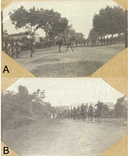 Figura 4 A-B) instantáneas que muestran al Octavo de Massachusetts realizando ejercicios militares en el Paseo Martí. En A) se aprecia una quinta del paseo, y B) el hospital de Santa Isabel. Fotografía del álbum Photograph Album of the 8th Massachusetts Infantry in Cuba, Georgia, and Kentucky. William & Mary Special Collections Research Center, ID SC 01339, Small Collections Box 97, Folder 1