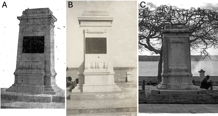 Figura 5 Evolución del monumento dedicado al Octavo Regimiento de Massachusetts en el Paseo Martí, antiguo de Santa Cristina, Matanzas. A) Reproducción hemerográfica del pedestal con la tarja de bronce poco después de su inauguración en El Mundo (La Habana), 1923. B) Fotografía histórica del mismo monumento completo, con la placa aún en su lugar, frente a la bahía de Matanzas, circa 1940s (colección privada). C) Vista contemporánea del pedestal en el mismo emplazamiento, ya sin la tarja conmemorativa (autor anónimo, circa 2020, dominio público)